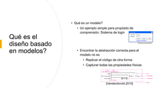 Qué es el
diseño basado
en modelos?
• Qué es un modelo?
• Un ejemplo simple para propósito de
comprensión. Sistema de login
• Encontrar la abstracción correcta para el
modelo no es
• Replicar el código de otra forma
• Capturar todas las propiedades físicas
System loginSystem login
User name:
Password:
Enter Text
*******
Log in Cancel
Use this link to recover your password
I have lost my password
Help
[Vanderdonckt,2010]
 