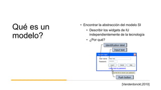 Qué es un
modelo?
• Encontrar la abstracción del modelo SI
• Describir los widgets de IU
independientemente de la tecnología
• ¿Por qué?
System loginSystem login
User name:
Password:
Enter Text
*******
Log in Cancel
Use this link to recover your password
I have lost my password
Help
Identification label
Input text
Push button
[Vanderdonckt,2010]
 