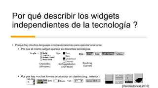 Por qué describir los widgets
independientes de la tecnología ?
• Porqué hay muchos lenguajes o representaciones para ejecutar una tarea
• Por que el mismo widget aparece en diferentes tecnologías
• Por que hay muchas formas de alcanzar un objetivo (e.g., selector)
Check Box
(Windows)
BoxArray
(Garnet)
XmToggleButton
(OSF-Motif)
[Vanderdonckt,2010]
 