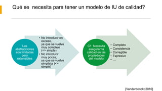 Qué se necesita para tener un modelo de IU de calidad?
• No introducir en
exceso,
ya que se vuelve
muy complejo
(<> simple)
• No introducir
muy pocas,
ya que se vuelve
simplista (<>
simple)
Las
abstracciones
son limitadas
pero
extensibles
• Completo
• Consistencia
• Corregible
• Expresivo
• …
C1: Necesita
asegurar la
calidad en las
propiedades
del modelo
[Vanderdonckt,2010]
 