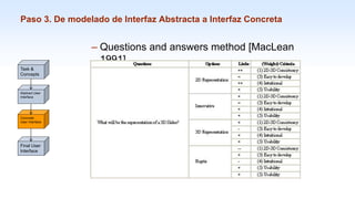1-56
Paso 3. De modelado de Interfaz Abstracta a Interfaz Concreta
– Questions and answers method [MacLean
1991]
Task &
Concepts
Abstract User
Interface
Concrete
User Interface
Final User
Interface
 
