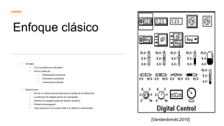 Enfoque clásico
• Ventajas
• La IU es gráfica por naturaleza
• Una IU puede ser
• Rápidamente prototípica
• Fácilmente modificable
• Visualmente mostrada
• Restricciones
• No hay un método estructurado para el manejo de la distribución
• La selección de widgets podría ser inapropiada
• Distribuir los widgets puede ser tedioso, repetitivo
• Problema de espagueti
• Cada cambio en la IU puede orillar a un diseño no estructurado
[Vanderdonckt,2010]
 