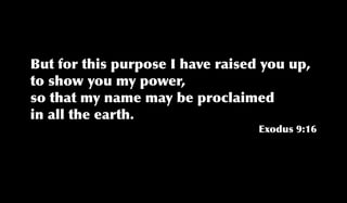 But for this purpose I have raised you up,
to show you my power,
so that my name may be proclaimed
in all the earth.
Exodus 9:16
 