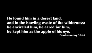He found him in a desert land,
and in the howling waste of the wilderness;
he encircled him, he cared for him,
he kept him...