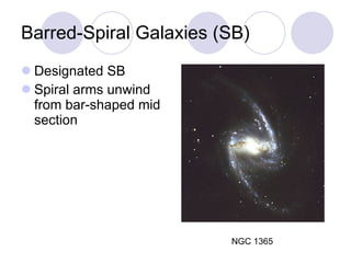 Barred-Spiral Galaxies (SB) Designated SB Spiral arms unwind from bar-shaped mid section NGC 1365 