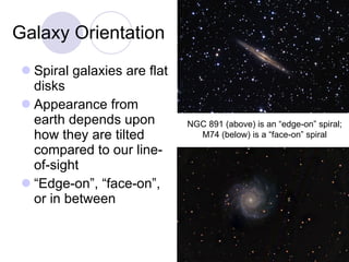 Galaxy Orientation Spiral galaxies are flat disks Appearance from earth depends upon how they are tilted compared to our line-of-sight “ Edge-on”, “face-on”, or in between NGC 891 (above) is an “edge-on” spiral; M74 (below) is a “face-on” spiral 
