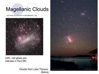 Magellanic Clouds LMC, red glows are nebulae in the LMC Clouds from Lake Titicaca, Bolivia http://www.ctio.noao.edu/~mcels/gallery/lmc.1.jpg 