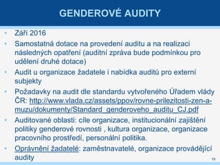 GENDEROVÉ AUDITY
13
• Září 2016
• Samostatná dotace na provedení auditu a na realizaci
následných opatření (auditní zpráva...