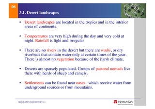 GEOGRAPHY AND HISTORY 1.1	

3.1. Desert landscapes	

•  Desert landscapes are located in the tropics and in the interior
areas of continents.	

•  Temperatures are very high during the day and very cold at
night. Rainfall is light and irregular	

•  There are no rivers in the desert but there are wadis, or dry
riverbeds that contain water only at certain times of the year.
There is almost no vegetation because of the harsh climate.	

•  Deserts are sparsely populated. Groups of pastoral nomads live
there with herds of sheep and camels.	

•  Settlements can be found near oases, which receive water from
underground sources or from mountains.	

06	

 