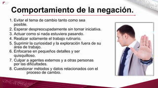 1. Evitar el tema de cambio tanto como sea
posible.
2. Esperar despreocupadamente sin tomar iniciativa.
3. Actuar como si nada estuviera pasando.
4. Realizar solamente el trabajo rutinario.
5. Suprimir la curiosidad y la exploración fuera de su
área de trabajo.
6. Enfocarse en pequeños detalles y ser
quisquilloso.
7. Culpar a agentes externos y a otras personas
por las dificultades.
8. Cuestionar métodos y datos relacionados con el
proceso de cambio.
Comportamiento de la negación.
 