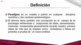  Paradigma es un modelo o patrón en cualquier disciplina
científica u otro contexto epistemológico.
 El término tiene también una concepción en el campo de la
psicología refiriéndose a acepciones de ideas, pensamientos,
creencias incorporadas generalmente durante nuestra primera
etapa de vida que se aceptan como verdaderas o falsas sin
ponerlas a prueba de un nuevo análisis.
Definición
 