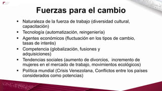 Naturaleza de la fuerza de trabajo (diversidad cultural,
capacitación)
 Tecnología (automatización, reingeniería)
 Agentes económicos (fluctuación en los tipos de cambio,
tasas de interés)
 Competencia (globalización, fusiones y
adquisiciones)
 Tendencias sociales (aumento de divorcios, incremento de
mujeres en el mercado de trabajo, movimientos ecológicos)
 Política mundial (Crisis Venezolana, Conflictos entre los países
considerados como potencias)
Fuerzas para el cambio
 