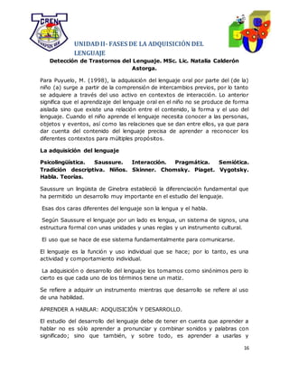 16
UNIDADII- FASES DE LA ADQUISICIÓN DEL
LENGUAJE
Detección de Trastornos del Lenguaje. MSc. Lic. Natalia Calderón
Astorga.
Para Puyuelo, M. (1998), la adquisición del lenguaje oral por parte del (de la)
niño (a) surge a partir de la comprensión de intercambios previos, por lo tanto
se adquiere a través del uso activo en contextos de interacción. Lo anterior
significa que el aprendizaje del lenguaje oral en el niño no se produce de forma
aislada sino que existe una relación entre el contenido, la forma y el uso del
lenguaje. Cuando el niño aprende el lenguaje necesita conocer a las personas,
objetos y eventos, así como las relaciones que se dan entre ellos, ya que para
dar cuenta del contenido del lenguaje precisa de aprender a reconocer los
diferentes contextos para múltiples propósitos.
La adquisición del lenguaje
Psicolingüística. Saussure. Interacción. Pragmática. Semiótica.
Tradición descriptiva. Niños. Skinner. Chomsky. Piaget. Vygotsky.
Habla. Teorías.
Saussure un lingüista de Ginebra estableció la diferenciación fundamental que
ha permitido un desarrollo muy importante en el estudio del lenguaje.
Esas dos caras diferentes del lenguaje son la lengua y el habla.
Según Saussure el lenguaje por un lado es lengua, un sistema de signos, una
estructura formal con unas unidades y unas reglas y un instrumento cultural.
El uso que se hace de ese sistema fundamentalmente para comunicarse.
El lenguaje es la función y uso individual que se hace; por lo tanto, es una
actividad y comportamiento individual.
La adquisición o desarrollo del lenguaje los tomamos como sinónimos pero lo
cierto es que cada uno de los términos tiene un matiz.
Se refiere a adquirir un instrumento mientras que desarrollo se refiere al uso
de una habilidad.
APRENDER A HABLAR: ADQUISICIÓN Y DESARROLLO.
El estudio del desarrollo del lenguaje debe de tener en cuenta que aprender a
hablar no es sólo aprender a pronunciar y combinar sonidos y palabras con
significado; sino que también, y sobre todo, es aprender a usarlas y
 