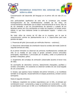 5
DESARROLLO EVOLUTIVO DEL LENGUAJE DEL
NIÑO 0-6 AÑOS
Caracterización del desarrollo del lenguaje en el primer año de vida (0 a 1
año).
Una particularidad significativa de este año lo constituye una notable
homogenización de las manifestaciones verbales de los niños, sin
comportamientos individuales que se alejen notoriamente de la norma. Esto ha
de ser atribuible a que los procedimientos de atención y cuidado de los
lactantes parece ser muy semejantes en todos los hogares y el propio centro
infantil, lo que hace bastante similar la estimulación objetal – verbal a los
mismos.
No hubo niños de menos de 45 días en la muestra, por lo que la
caracterización asimila los planteamientos de A. V. Zaporozhtes para este
período de edad:
1. Presencia del grito (provocado por estímulos internos – externos).
2. Reacciones elementales de orientación hacia los sonidos del medio (sobre la
segunda semana de vida).
En el primer trimestre se observan las primeras manifestaciones verbales del
niño en la medida en que surge el gorjeo (emisión sonora univocálica
prolongada, espontánea o provocada por el adulto), unida a la presencia de
gruñidos chasquidos, gritos.
3. Surgimiento del complejo de animación (observable durante el tercer mes
de vida).
Se acompaña de elementos sonoros, básicamente chasquidos, gruñidos y
sonidos univocálicos. En ocasiones se observan sonidos de una vocal seguida
de una consonante.
4. Gorjeo, que aparece hacia mediados del primer trimestre, y se manifiesta
también en el segundo. Ocasionalmente en etapas posteriores, emisión sonora
semejante.
Hacia el segundo trimestre:
5. Balbuceo (repetición de sonidos espontáneos por el niño, al principio por
combinación vocal – consonante, y luego se combina con consonante – vocal).
La ejercitación sonora por el niño va a manifestarse de manera continua, ante
 