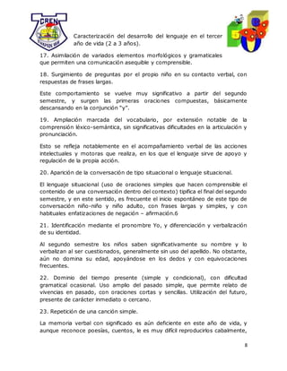 8
Caracterización del desarrollo del lenguaje en el tercer
año de vida (2 a 3 años).
17. Asimilación de variados elementos morfológicos y gramaticales
que permiten una comunicación asequible y comprensible.
18. Surgimiento de preguntas por el propio niño en su contacto verbal, con
respuestas de frases largas.
Este comportamiento se vuelve muy significativo a partir del segundo
semestre, y surgen las primeras oraciones compuestas, básicamente
descansando en la conjunción “y”.
19. Ampliación marcada del vocabulario, por extensión notable de la
comprensión léxico-semántica, sin significativas dificultades en la articulación y
pronunciación.
Esto se refleja notablemente en el acompañamiento verbal de las acciones
intelectuales y motoras que realiza, en los que el lenguaje sirve de apoyo y
regulación de la propia acción.
20. Aparición de la conversación de tipo situacional o lenguaje situacional.
El lenguaje situacional (uso de oraciones simples que hacen comprensible el
contenido de una conversación dentro del contexto) tipifica el final del segundo
semestre, y en este sentido, es frecuente el inicio espontáneo de este tipo de
conversación niño-niño y niño adulto, con frases largas y simples, y con
habituales enfatizaciones de negación – afirmación.6
21. Identificación mediante el pronombre Yo, y diferenciación y verbalización
de su identidad.
Al segundo semestre los niños saben significativamente su nombre y lo
verbalizan al ser cuestionados, generalmente sin uso del apellido. No obstante,
aún no domina su edad, apoyándose en los dedos y con equivocaciones
frecuentes.
22. Dominio del tiempo presente (simple y condicional), con dificultad
gramatical ocasional. Uso amplio del pasado simple, que permite relato de
vivencias en pasado, con oraciones cortas y sencillas. Utilización del futuro,
presente de carácter inmediato o cercano.
23. Repetición de una canción simple.
La memoria verbal con significado es aún deficiente en este año de vida, y
aunque reconoce poesías, cuentos, le es muy difícil reproducirlos cabalmente,
 