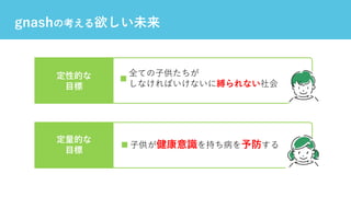 gnashの考える欲しい未来
定性的な
⽬標
定量的な
⽬標
全ての⼦供たちが
しなければいけないに縛られない社会
⼦供が健康意識を持ち病を予防する
 