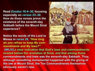 Read Exodus 16:4–30, focusing
especially on verses 23–30.
How do these verses prove the
existence of the seventh-day
Sabbath before the Mount Sinai
experience?

Notice the words of the Lord to
Moses in verse 28, “How long
do you refuse to keep My com-
mandments and My laws?”
 (NKJV),a clear indication that God’s laws and commandments
existed before the revelation at Sinai, and that among those
commandments and laws was the seventh-day Sabbath. Thus,
although something monumental happened with the giving of
the law at Mount Sinai, the Ten Commandments themselves
obviously weren’t new.
 