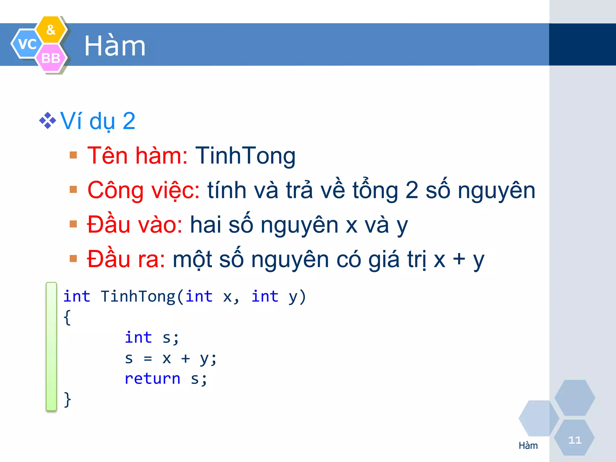 &
VC
     BB
            Hàm

     Ví dụ 2
       Tên hàm: TinhTong
       Công việc: tính và trả về tổng 2 số nguyên
       Đầu vào: hai số nguyên x và y
       Đầu ra: một số nguyên có giá trị x + y
          int TinhTong(int x, int y)
          {
                 int s;
                 s = x + y;
                 return s;
          }

                                                Hàm
                                                      11
 