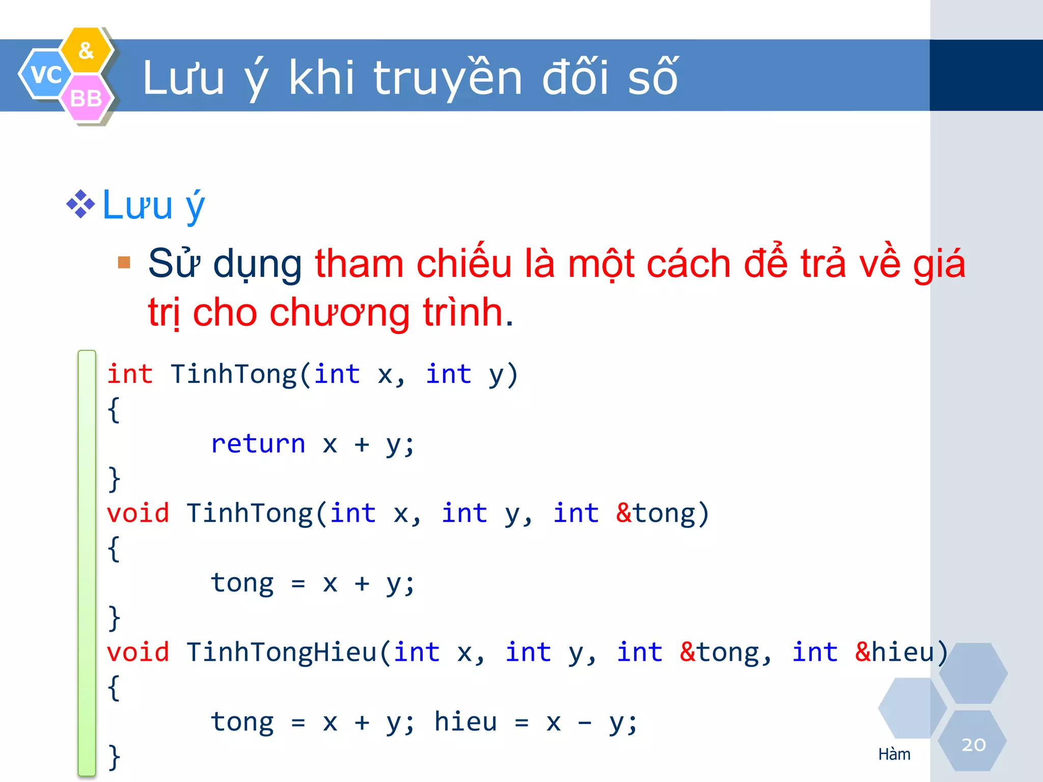 &
VC
     BB
            Lưu ý khi truyền đối số

     Lưu ý
        Sử dụng tham chiếu là một cách để trả về giá
         trị cho chương trình.
          int TinhTong(int x, int y)
          {
                 return x + y;
          }
          void TinhTong(int x, int y, int &tong)
          {
                 tong = x + y;
          }
          void TinhTongHieu(int x, int y, int &tong, int &hieu)
          {
                 tong = x + y; hieu = x – y;
                                                                20
          }                                               Hàm
 