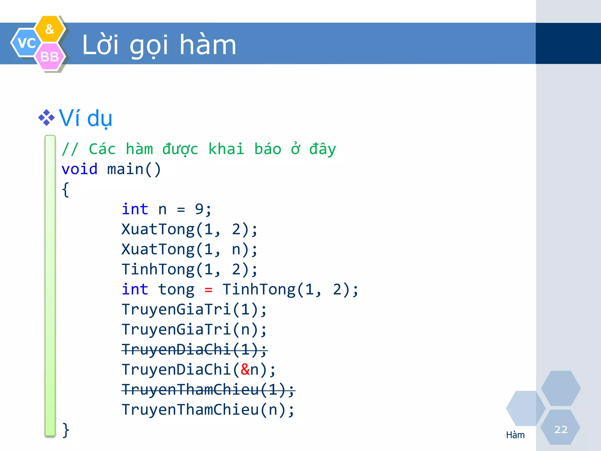 &
VC
     BB
            Lời gọi hàm

     Ví dụ
          // Các hàm được khai báo ở đây
          void main()
          {
                 int n = 9;
                 XuatTong(1, 2);
                 XuatTong(1, n);
                 TinhTong(1, 2);
                 int tong = TinhTong(1, 2);
                 TruyenGiaTri(1);
                 TruyenGiaTri(n);
                 TruyenDiaChi(1);
                 TruyenDiaChi(&n);
                 TruyenThamChieu(1);
                 TruyenThamChieu(n);
          }                                   Hàm
                                                    22
 