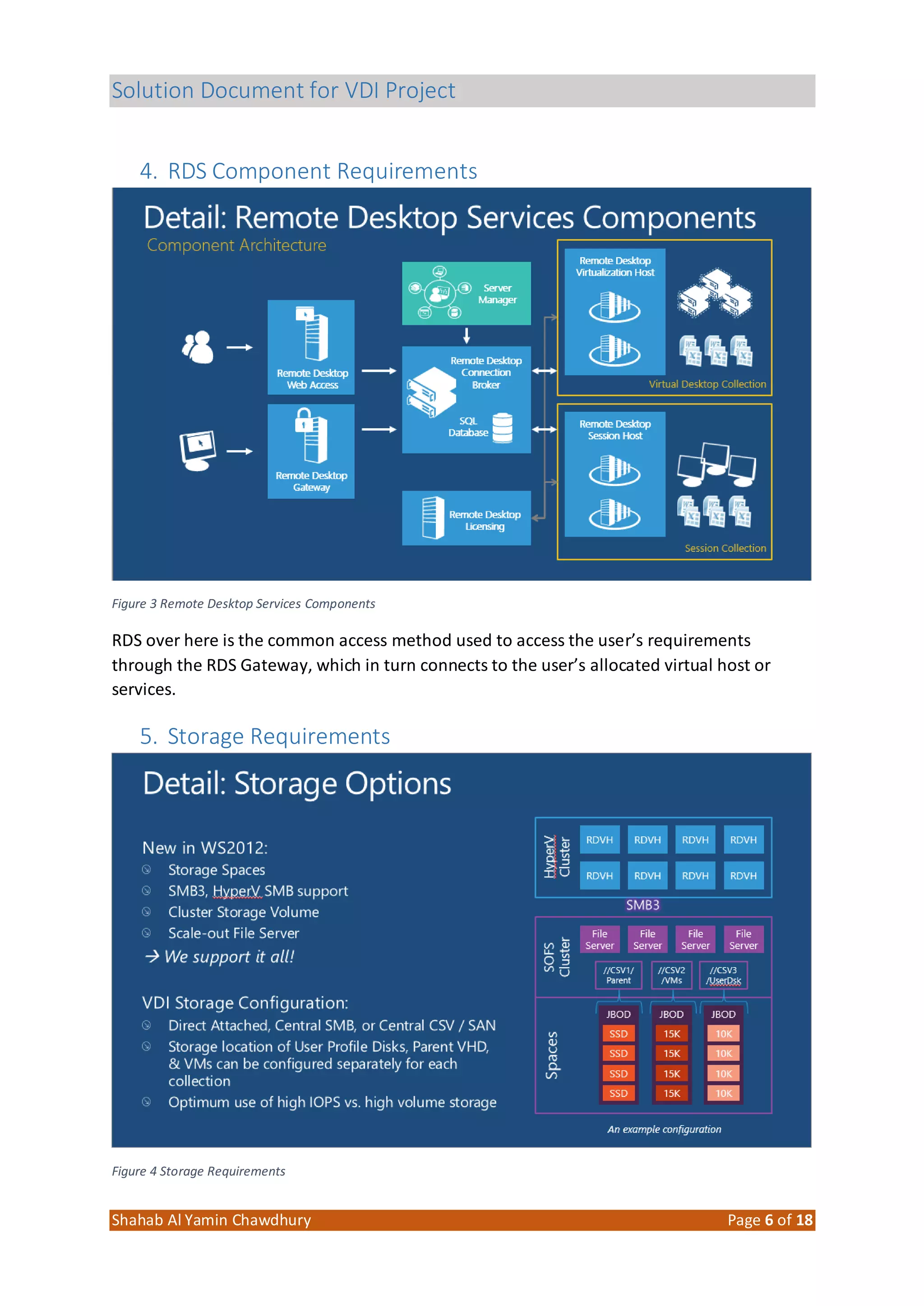 Solution Document for VDI Project
Shahab Al Yamin Chawdhury Page 6 of 18
4. RDS Component Requirements
Figure 3 Remote Desktop Services Components
RDS over here is the common access method used to access the user’s requirements
through the RDS Gateway, which in turn connects to the user’s allocated virtual host or
services.
5. Storage Requirements
Figure 4 Storage Requirements
 