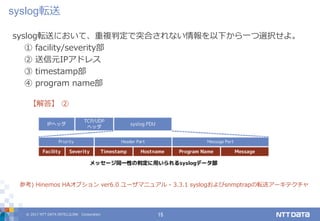 © 2017 NTT DATA INTELLILINK Corporation 15
syslog転送において、重複判定で突合されない情報を以下から一つ選択せよ。
① facility/severity部
② 送信元IPアドレス
③ timestamp部
④ program name部
【解答】 ②
参考) Hinemos HAオプション ver6.0 ユーザマニュアル - 3.3.1 syslogおよびsnmptrapの転送アーキテクチャ
syslog転送
 
