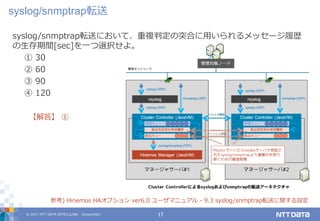 © 2017 NTT DATA INTELLILINK Corporation 17
【解答】 ①
参考) Hinemos HAオプション ver6.0 ユーザマニュアル - 9.3 syslog/snmptrap転送に関する設定
syslog/snmptrap転送
syslog/snmptrap転送において、重複判定の突合に用いられるメッセージ履歴
の生存期間[sec]を一つ選択せよ。
① 30
② 60
③ 90
④ 120
 