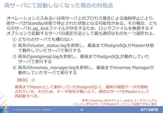 © 2017 NTT DATA INTELLILINK Corporation 26
オペレーションミスあるいは両サーバ上のプロセス暴走による強制停止により、
両サーバがStandby状態で停止された状態となる可能性がある。その場合、どち
らのサーバも.pg_lockファイルが存在するため、ロックファイルを無視する-F
オプションで起動するサーバの選定方法として最も適切なものを一つ選択せよ。
① どちらのサーバでも構わない
② 両系のcluster_status.logを参照し、最後までPostgreSQLがMaster状態
で動作していたサーバで実行する
③ 両系のpostgresql.logを参照し、最後までPostgreSQLが動作していた
サーバで実行する
④ 両系のhinemos_manager.logを参照し、最後までHinemos Managerが
動作していたサーバで実行する
【解答】 ②
最後までMasterとして動作していたPostgreSQLに、最新の履歴データが格納
されている。そのため、データ消失が無いよう、適切なサーバをMasterとして
再起動すべき。
参考) Hinemos HAオプション ver6.0 ユーザマニュアル
- 5.1.3 いずれのサーバもMasterサーバとして起動できない場合
両サーバにて起動しなくなった場合の対処法
 