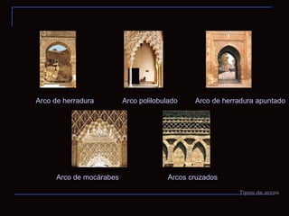 Arco de herradura Arco polilobulado Arco de herradura apuntado Arco de mocárabes Arcos cruzados Tipos de arcos 
