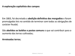 Módulo 6, História A 146
A exploração capitalista dos campos
Em 1863, foi decretada a abolição definitiva dos morgadios e foram
promulgadas leis no sentido de terminar com todas as obrigações de
carácter feudal;
São abolidos os baldios e pastos comuns o que vai contribuir para o
aumento das terras cultivadas;
Arroteadas terras;
 
