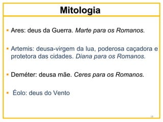 MitologiaMitologia
Ares: deus da Guerra. Marte para os Romanos.
Artemis: deusa-virgem da lua, poderosa caçadora e
protetora das cidades. Diana para os Romanos.
Deméter: deusa mãe. Ceres para os Romanos.
Éolo: deus do Vento
18
 