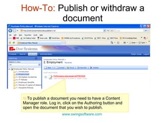 How-To:  Publish or withdraw a document www.swingsoftware.com 1)  To publish a document you need to have a Content Manager role. Log in, click on the Authoring button and open the document that you wish to publish. 