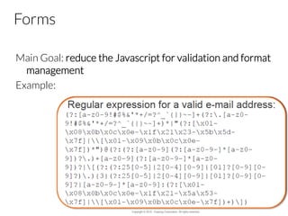 Forms
Main Goal: reduce the Javascript for validation and format
management
Example:
 