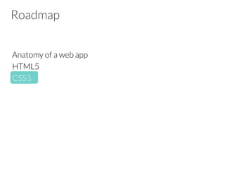 Roadmap
Anatomy of a web app
HTML5
CSS3

 