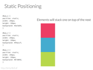 Static Positioning
Elements will stack one on top of the next

http://bit.ly/I8cEaF
 