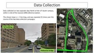 Data Collection
Data collected on two separate days North of the UT Austin campus,
within 1 mile of the nearest LDRN reference station.
The chosen loop is ≈ 1 km long, and was repeated 25 times over the
course of the two data collection campaigns.
Pedestrian bridge
Tall buildings
 