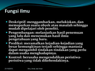 Fungsi Ilmu
 Deskriptif: menggambarkan, melukiskan, dan
memaparkan suatu obyek atau masalah sehingga
mudah dipelajari oleh peneliti.
 Pengembangan: melanjutkan hasil penemuan
yang lalu dan menemukan hasil ilmu
pengetahuan yang baru.
 Prediksi: meramalkan kejadian-kejadian yang
besar kemungkinan terjadi sehingga manusia
dapat mengambil tindakan-tindakan yang perlu
dalam usaha menghadapinya.
 Kontrol: berusaha mengendalikan peristiwa-
peristiwa yang tidak dikehendakinya.
2921/10/2010 Ilmu, Amal, dan Iman
 