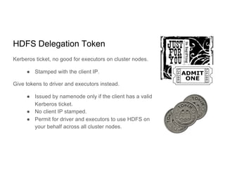 HDFS Delegation Token
Kerberos ticket, no good for executors on cluster nodes.
● Stamped with the client IP.
Give tokens to driver and executors instead.
● Issued by namenode only if the client has a valid
Kerberos ticket.
● No client IP stamped.
● Permit for driver and executors to use HDFS on
your behalf across all cluster nodes.
 