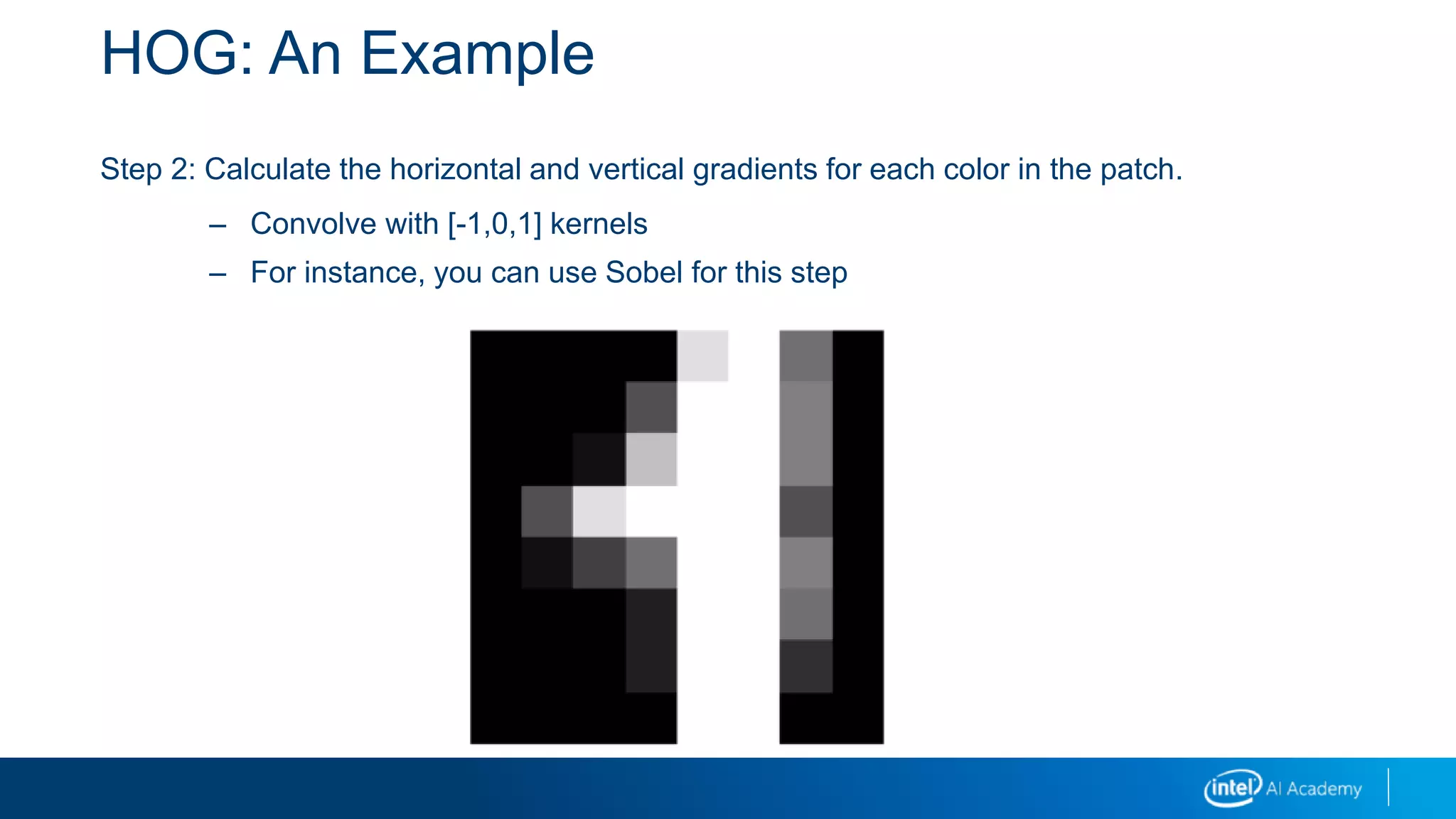 HOG: An Example
Step 2: Calculate the horizontal and vertical gradients for each color in the patch.
– Convolve with [-1,0,1] kernels
– For instance, you can use Sobel for this step
 