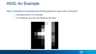 HOG: An Example
Step 2: Calculate the horizontal and vertical gradients for each color in the patch.
– Convolve with [-1,0,1] kernels
– For instance, you can use Sobel for this step
 