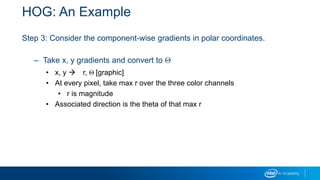 HOG: An Example
Step 3: Consider the component-wise gradients in polar coordinates.
– Take x, y gradients and convert to Q
• x, y  r, Q [graphic]
• At every pixel, take max r over the three color channels
• r is magnitude
• Associated direction is the theta of that max r
 