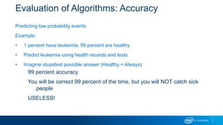 Evaluation of Algorithms: Accuracy
Predicting low probability events
Example:
• 1 percent have leukemia, 99 percent are healthy
• Predict leukemia using health records and tests
• Imagine stupidest possible answer (Healthy = Always)
99 percent accuracy
You will be correct 99 percent of the time, but you will NOT catch sick
people
USELESS!
 