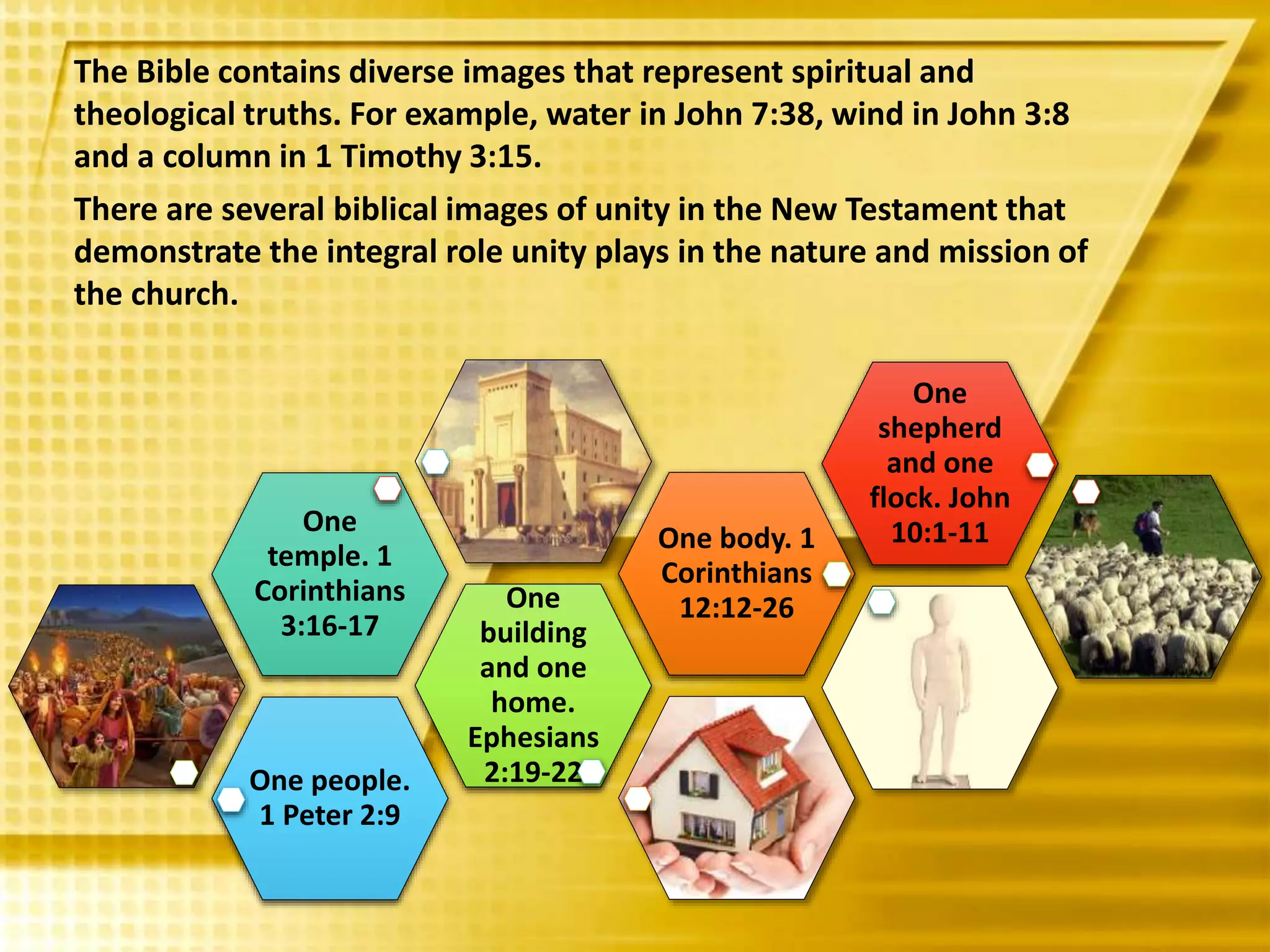 The Bible contains diverse images that represent spiritual and
theological truths. For example, water in John 7:38, wind in John 3:8
and a column in 1 Timothy 3:15.
There are several biblical images of unity in the New Testament that
demonstrate the integral role unity plays in the nature and mission of
the church.
One people.
1 Peter 2:9
One
building
and one
home.
Ephesians
2:19-22
One
temple. 1
Corinthians
3:16-17
One body. 1
Corinthians
12:12-26
One
shepherd
and one
flock. John
10:1-11
 