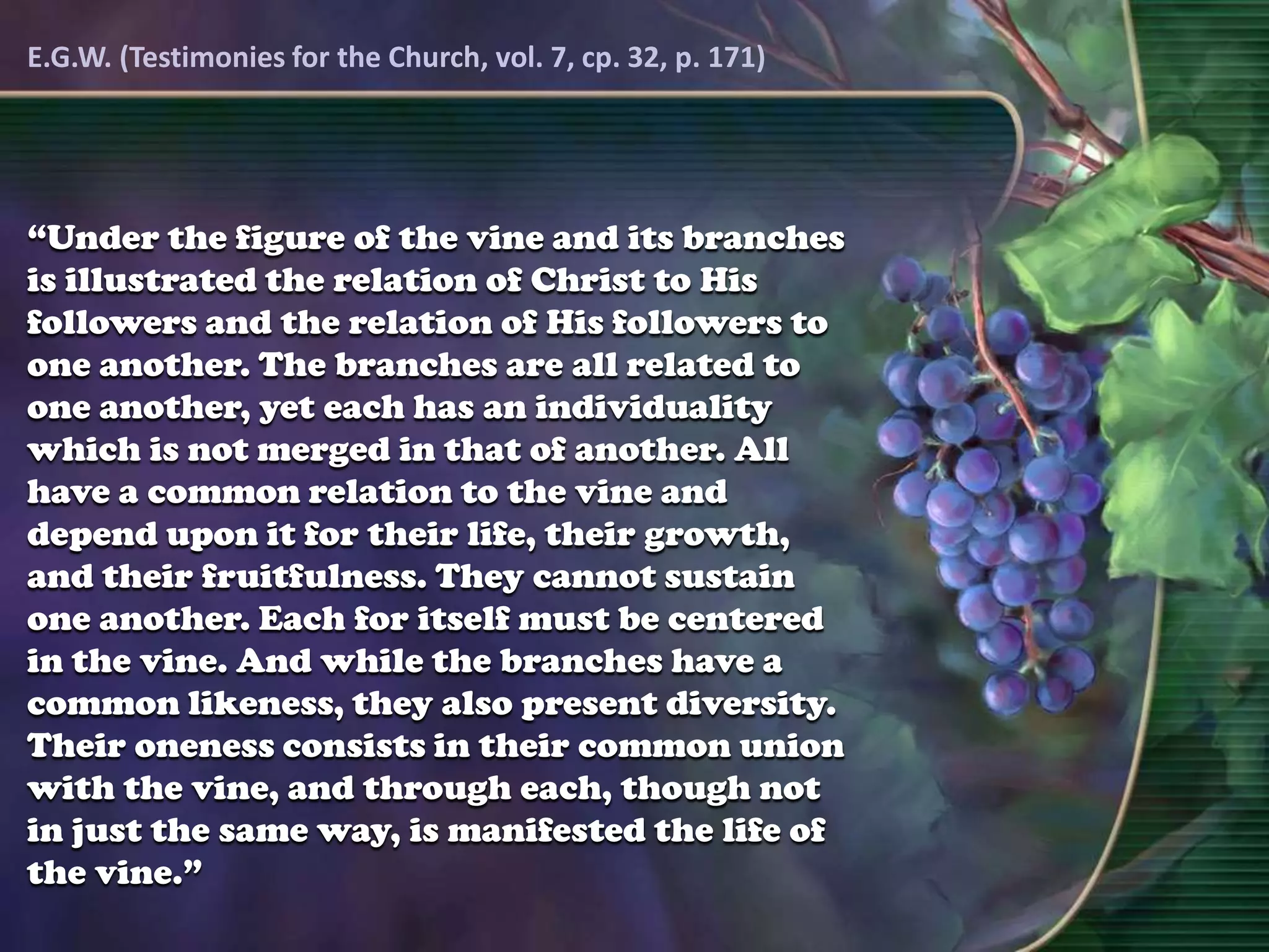 “Under the figure of the vine and its branches
is illustrated the relation of Christ to His
followers and the relation of His followers to
one another. The branches are all related to
one another, yet each has an individuality
which is not merged in that of another. All
have a common relation to the vine and
depend upon it for their life, their growth,
and their fruitfulness. They cannot sustain
one another. Each for itself must be centered
in the vine. And while the branches have a
common likeness, they also present diversity.
Their oneness consists in their common union
with the vine, and through each, though not
in just the same way, is manifested the life of
the vine.”
E.G.W. (Testimonies for the Church, vol. 7, cp. 32, p. 171)
 