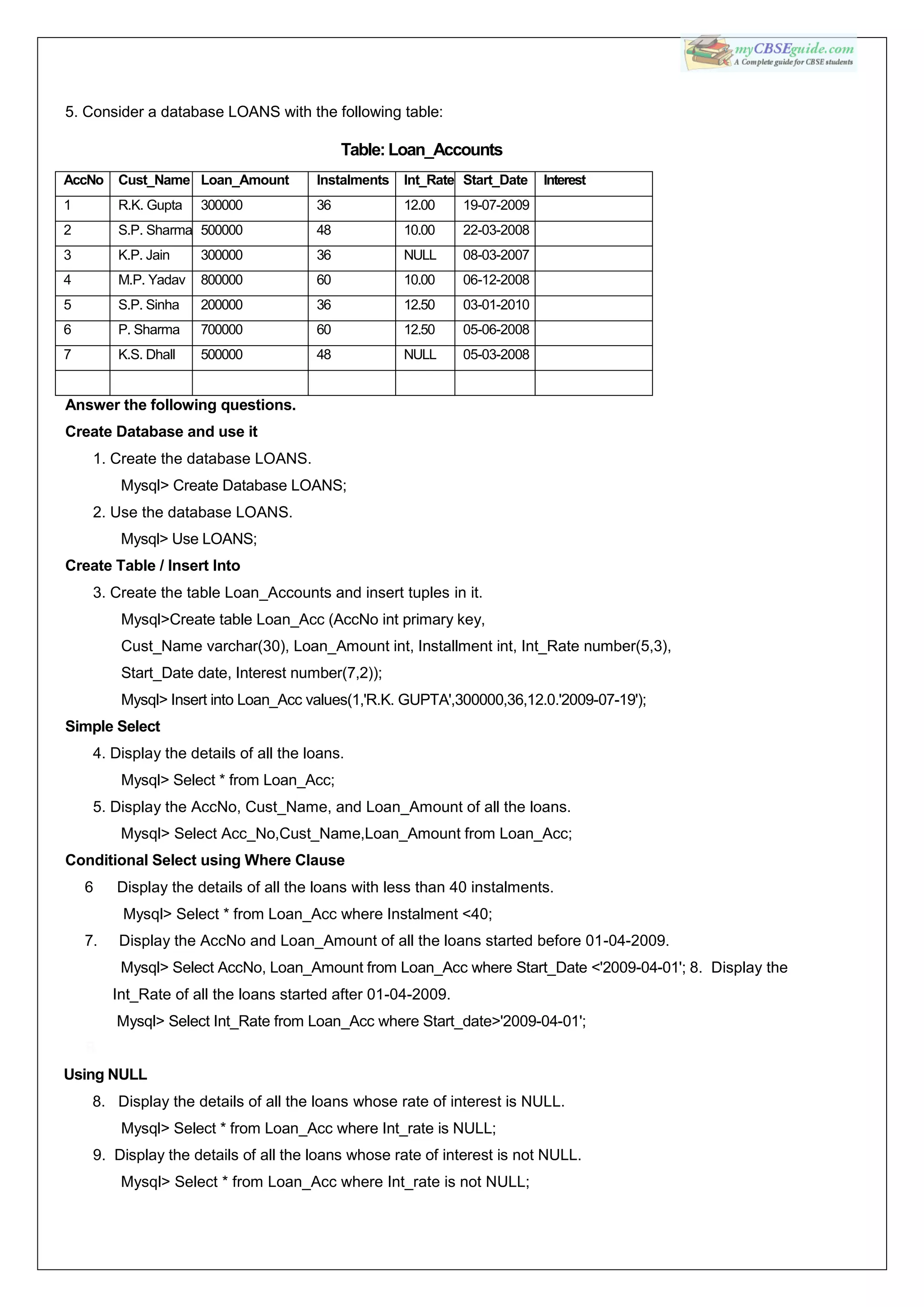 5. Consider a database LOANS with the following table:
Table: Loan_Accounts
AccNo Cust_Name Loan_Amount Instalments Int_Rate Start_Date Interest
1 R.K. Gupta 300000 36 12.00 19-07-2009
2 S.P. Sharma 500000 48 10.00 22-03-2008
3 K.P. Jain 300000 36 NULL 08-03-2007
4 M.P. Yadav 800000 60 10.00 06-12-2008
5 S.P. Sinha 200000 36 12.50 03-01-2010
6 P. Sharma 700000 60 12.50 05-06-2008
7 K.S. Dhall 500000 48 NULL 05-03-2008
Answer the following questions.
Create Database and use it
1. Create the database LOANS.
Mysql> Create Database LOANS;
2. Use the database LOANS.
Mysql> Use LOANS;
Create Table / Insert Into
3. Create the table Loan_Accounts and insert tuples in it.
Mysql>Create table Loan_Acc (AccNo int primary key,
Cust_Name varchar(30), Loan_Amount int, Installment int, Int_Rate number(5,3),
Start_Date date, Interest number(7,2));
Mysql> Insert into Loan_Acc values(1,'R.K. GUPTA',300000,36,12.0.'2009-07-19');
Simple Select
4. Display the details of all the loans.
Mysql> Select * from Loan_Acc;
5. Display the AccNo, Cust_Name, and Loan_Amount of all the loans.
Mysql> Select Acc_No,Cust_Name,Loan_Amount from Loan_Acc;
Conditional Select using Where Clause
6 Display the details of all the loans with less than 40 instalments.
Mysql> Select * from Loan_Acc where Instalment <40;
7. Display the AccNo and Loan_Amount of all the loans started before 01-04-2009.
Mysql> Select AccNo, Loan_Amount from Loan_Acc where Start_Date <'2009-04-01'; 8. Display the
Int_Rate of all the loans started after 01-04-2009.
Mysql> Select Int_Rate from Loan_Acc where Start_date>'2009-04-01';
R
Using NULL
8. Display the details of all the loans whose rate of interest is NULL.
Mysql> Select * from Loan_Acc where Int_rate is NULL;
9. Display the details of all the loans whose rate of interest is not NULL.
Mysql> Select * from Loan_Acc where Int_rate is not NULL;
 