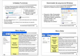 Unidades Funcionais 
• O Sistema Operacional atribui as Memórias de Armazenamento 
Secundário uma identificação constituída por uma Letra, seguida do 
caractere Dois Pontos (:) 
Por Padrão, na Instalação do 
Sistema Operacional 
C: sempre será o HD Principal 
A: sempre será a unidade de 
Disquete 1.44 MB 
• As Letras subseqüentes (D:, E:, F:...), serão adicionadas assim que for detectada 
5 Prof. Daniel Eduardo Funabashi de Toledo 
uma nova Unidade. 
• A letra B: por padrão, não é utilizada. Ela era reservada para uma segunda 
unidade de Disquete. 
Gerenciador de arquivos do Windows 
• O Windows Explorer tem a mesma função do Meu Computador: 
Organizar as unidades funcionais e trabalhar com arquivos. 
• Enquanto o Meu Computador 
apresenta a tela sem divisão, 
o Windows Explorer apresenta 
a janela dividida, mas 
6 Prof. Daniel Eduardo Funabashi de Toledo 
podemos mudar a 
configuração de ambos! 
Menu Arquivo 
Novo Cria uma nova Pasta, Arquivos, Atalhos e Porta 
Arquivos. Um porta arquivos é utilizado para 
sincronizar arquivos em diferentes computadores. 
Criar Atalho Cria Atalho de arquivos ou programas. Para cria 
atalhos, podemos também clicar em um arquivo e 
arrastar para a pasta de destino pressionando, 
simultaneamente a tecla ALT 
Excluir Exclui Pastas, arquivos ou Atalhos. 
Renomear Muda o nome de Pastas, Arquivos ou Atalhos. 
Propriedades Mostra as características do Arquivo (tamanho, 
Data e Hora de Criação, última modificação e 
última vez que foi acessado). Esta Opção permite 
mudar também os atributos do Arquivo ou Pasta 
(somente leitura, oculto, arquivo ou sistema. 
7 Prof. Daniel Eduardo Funabashi de Toledo 
Fechar Fecha o Windows Explorer. 
Menu Editar 
Desfazer Desfaz a ultima operação de Exclusão 
realizada. 
Recortar Permite Mover Pastas, Arquivos ou Atalhos. 
Copiar Permite Copiar Pastas, Arquivos ou Atalhos 
Colar Cola Pastas ou Arquivos que estão na Área 
de Transferência em um novo local. 
Colar Atalho Cola Atalhos em um novo local. 
8 Prof. Daniel Eduardo Funabashi de Toledo 
Selecionar 
Tudo 
Seleciona todo o conteúdo de uma Pasta. 
Inverter 
Seleção 
Seleciona tudo o que não estiver selecionado. 
11 
 