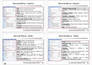 Barra de Menus - Arquivo 
Novo: Cria um novo arquivo em branco. 
Abrir: Abre ou localiza um Arquivo. 
Fechar: Fecha o Arquivo ativo sem sair do Programa. 
Salvar: Salva o Arquivo ativo com o seu Nome e 
Formato atuais. 
Salvar Como: Salva o Arquivo ativo com um nome de 
arquivo, localização ou formato de arquivo diferente. 
Salvar como Página da Web: Salva o arquivo em 
formato HTML, para que ele possa ser exibido em um 
navegador da Web. 
Pesquisar Arquivo: Pesquisa Arquivos no Computador 
ou Redes. 
Permissão: Restringe permissões para o Documento. 
Versões: Salva o Arquivo em outras Versões do Word. 
Prof. Daniel Eduardo Funabashi de Toledo 17 
Barra de Menus - Arquivo 
Visualizar Página da Web: Permite visualizar, no 
navegador, o Arquivo atual como uma página da 
Web. 
Configurar Página: Define margens, Tamanho 
de Papel, etc. 
Visualizar Impressão: Mostra qual será a 
aparência quando impresso. 
Imprimir: Imprime o Arquivo ativo. 
Enviar Para: Envia o Documento por E-mail, Fax, 
etc. 
Propriedades: Mostra Data Criação, Tamanho, 
Autor, Tipo, etc. 
Sair: Sai do Microsoft Word. 
Prof. Daniel Eduardo Funabashi de Toledo 18 
Barra de Menus - Editar 
Desfazer: Desfaz uma ação efetuada. 
Repetir Novo: Repete uma ação feita. 
Recortar: Remove uma palavra ou um texto 
selecionado para a Área de Transferência. 
Copiar: Copia a seleção para a Área de Transferência. 
Área de Transferência do Office: Abre a Caixa de 
Diálogo da Área de Transferência. 
Colar: Cola o conteúdo da Área de transferência na 
posição onde se encontra o cursor. 
Colar Especial: Cola o conteúdo da Área de 
Transferência num Documento com um formato 
específico. 
Colar como Hiperlink: Cola o conteúdo da Área de 
Transferência como Hiperlink. 
Prof. Daniel Eduardo Funabashi de Toledo 19 
Barra de Menus – Editar 
Limpar: Apaga o texto selecionado. 
Selecionar Tudo: Seleciona o Documento inteiro. 
Localizar: Procura texto o formatação 
especificadas. 
Substituir: Pesquisa e substitui o texto 
especificado. 
Ir Para: Move o ponto de inserção para o local 
especificado no Documento ativo. 
Vínculos: Exibe e modifica vínculos num 
Documento. 
Objeto: Abre o Aplicativo onde o objeto 
incorporado e selecionado foi criado. 
Prof. Daniel Eduardo Funabashi de Toledo 20 
36 
 