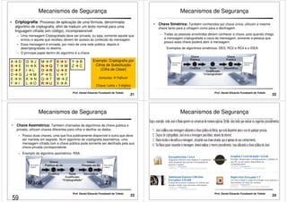 Mecanismos de Segurança 
• Criptografia: Processo de aplicação de uma fórmula, denominada 
algoritmo de criptografia, afim de traduzir um texto normal para uma 
linguagem cifrada (em código), incompreensível. 
– Uma mensagem Criptografada deve ser privada, ou seja, somente aquele que 
enviou e aquele que recebeu devem ter acesso ao conteúdo da mensagem. 
– Essa mensagem é enviada, por meio de uma rede pública, depois é 
descriptografada no destino. 
– O principal papel dentro do algoritmo é a chave 
A  D 
B  E 
G  J 
H  K 
M  P 
T  W 
Exemplo: Criptografia por 
Cifras de Substituição 
Y  B 
Z  C 
21 Prof. Daniel Eduardo Funabashi de Toledo 
D  G 
E  H 
F  I 
I  L 
J  M 
K  N 
L  O 
P  S 
Q  T 
V  Y 
W  Z 
X  A 
(Cifra de César) 
concurso  frqfxuvr 
Chave: Letra + 3 dígitos 
Mecanismos de Segurança 
• Chave Simétrica: Também conhecidos por chave única, utilizam a mesma 
chave tanto para a cifragem como para a decifragem. 
–– Todas as pessoas envolvidas devem conhecer a chave, pois quando chega 
a mensagem criptografada a caixa de mensagem, somente a pessoa que 
possui essa chave poderá abrir a mensagem. 
Exemplos de algoritmos simétricos: DES, RC2 e RC4 e o IDEA. 
22 Prof. Daniel Eduardo Funabashi de Toledo 
Mecanismos de Segurança 
• Chave Assimétrica: Também chamados de algoritmos de chave pública e 
privada, utilizam chaves diferentes para cifrar e decifrar os dados. 
–– Possui duas chaves, uma que fica publicamente disponível e outra que deve 
ser mantida em segredo. Num algoritmo de criptografia assimétrica, uma 
mensagem cifrada com a chave pública pode somente ser decifrada pela sua 
chave privada correspondente. 
– Exemplo de algoritmo assimétrico: RSA. 
23 Prof. Daniel Eduardo Funabashi de Toledo 
Mecanismos de Segurança 
24 Prof. Daniel Eduardo Funabashi de Toledo 
59 
 
