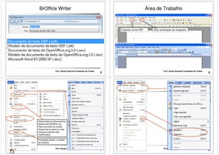 BrOffice Writer 
5 Prof. Daniel Eduardo Funabashi de Toledo 
Área de Trabalho 
Exportar como PDF Auto verificação de ortografia 
6 Prof. Daniel Eduardo Funabashi de Toledo 
Salva todos os documentos 
abertos do BrOffice.org. 
Este comando só estará 
disponível se dois ou mais 
arquivos tiverem sido 
modificados. 
Possibilita Salvar o modelo 
do Usuário 
7 Prof. Daniel Eduardo Funabashi de Toledo 
8 Prof. Daniel Eduardo Funabashi de Toledo 
73 
 