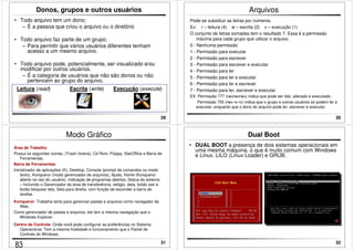 29 
Donos, grupos e outros usuários 
• Todo arquivo tem um dono; 
– É a pessoa que criou o arquivo ou o diretório 
• Todo arquivo faz parte de um grupo; 
– Para permitir que vários usuários diferentes tenham 
acesso a um mesmo arquivo. 
• Todo arquivo pode, potencialmente, ser visualizado e/ou 
modificar por outros usuários. 
– É a categoria de usuários que não são donos ou não 
pertencem ao grupo do arquivo. 
Leitura (read) Escrita (write) Execução (execute) 
30 
Arquivos 
Pode-se substituir as letras por números. 
Ex: r – leitura (4) w – escrita (2) x – execução (1) 
O conjunto de letras somadas tem o resultado 7. Essa é a permissão 
máxima para cada grupo que utilizar o arquivo. 
0 - Nenhuma permissão 
1 - Permissão para executar 
2 - Permissão para escrever 
3 - Permissão para escrever e executar 
4 - Permissão para ler 
5 - Permissão para ler e executar 
6 - Permissão para ler e escrever 
7 - Permissão para ler, escrever e executar 
EX: Permissão 777 (rwxrwxrwx) indica que pode ser lido, alterado e executado. 
Permissão 755 (rwx-rx-rx) indica que o grupo e outros usuários só podem ler e 
executar, enquanto que o dono do arquivo pode ler, escrever e executar. 
Modo Gráfico 
Área de Trabalho 
Possui os seguintes ícones: (Trash (lixeira), Cd Rom, Floppy, StarOffice e Barra de 
31 
Ferramentas. 
Barra de Ferramentas 
Inicializador de aplicações (K), Desktop, Console (prompt de comandos ou modo 
texto), Konqueror (modo gerenciador de arquivos), Ajuda, Home (Konqueror 
aberto na raiz do usuário), Indicação de programas abertos, Status do sistema 
– Incluindo o Gerenciador da área de transferência, relógio, data, botão sair e 
botão bloquear tela, Seta para direita, com função de esconder a barra de 
tarefas. 
Konqueror: Trabalha tanto para gerenciar pastas e arquivos como navegador da 
Web. 
Como gerenciador de pastas e arquivos, ele tem a mesma navegação que o 
Windows Explorer. 
Centro de Controle: Onde você pode configurar as preferências no Sistema 
Operacional. Tem a mesma finalidade e funcionamento que o Painel de 
Controle do Windows. 
32 
Dual Boot 
• DUAL BOOT a presença de dois sistemas operacionais em 
uma mesma máquina, o que é muito comum com Windows 
e Linux. LILO (Linux Loader) e GRUB. 
83 
 